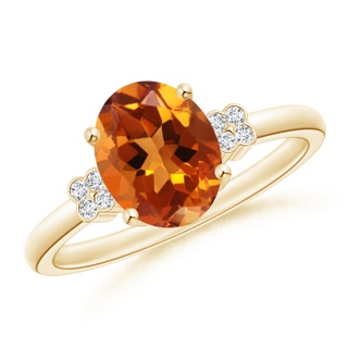 9x7mm AAAA Solitaire Oval Citrine Ring with Diamond Floral Accent in Yellow Gold