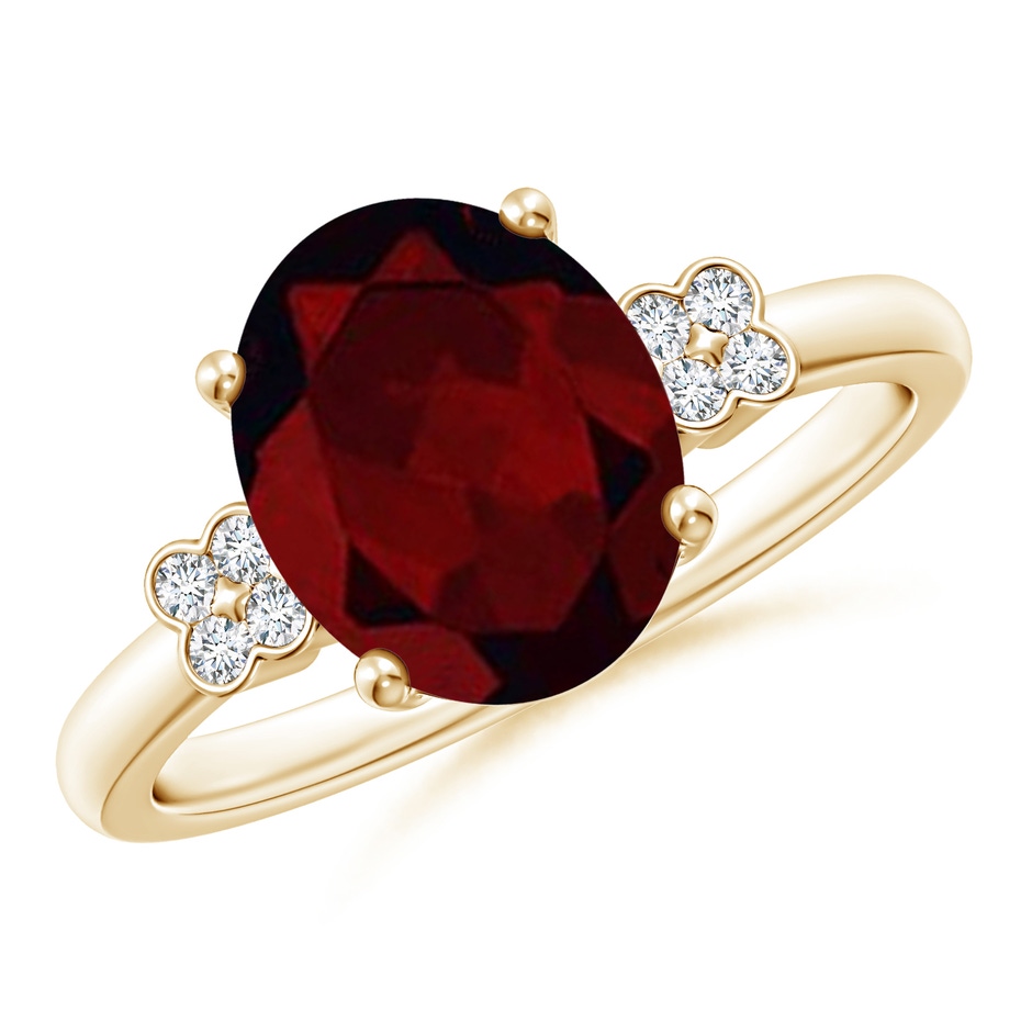 10x8mm A Solitaire Oval Garnet Ring with Diamond Floral Accent in Yellow Gold 