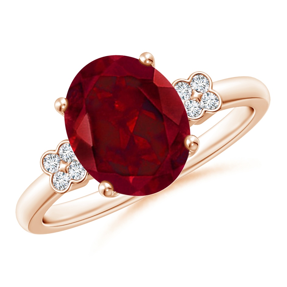 10x8mm AAA Solitaire Oval Garnet Ring with Diamond Floral Accent in Rose Gold 