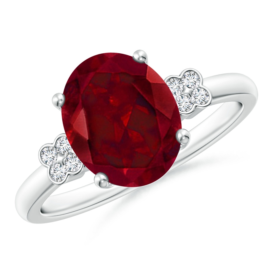 10x8mm AAA Solitaire Oval Garnet Ring with Diamond Floral Accent in White Gold 
