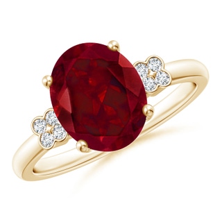 10x8mm AAA Solitaire Oval Garnet Ring with Diamond Floral Accent in Yellow Gold