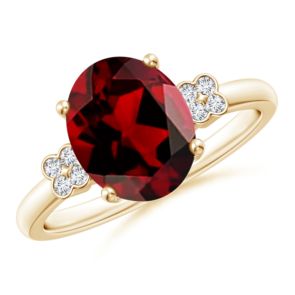 10x8mm AAAA Solitaire Oval Garnet Ring with Diamond Floral Accent in Yellow Gold 