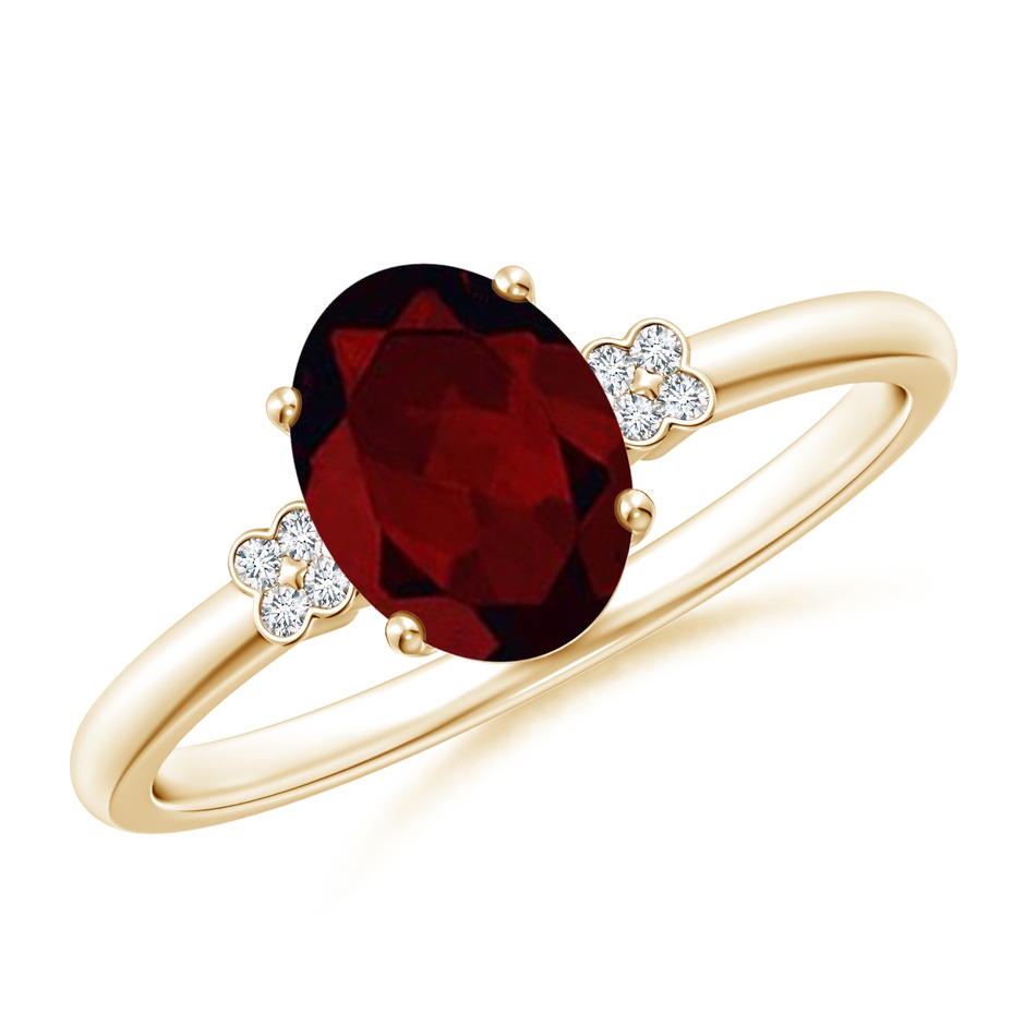 8x6mm A Solitaire Oval Garnet Ring with Diamond Floral Accent in 10K Yellow Gold 