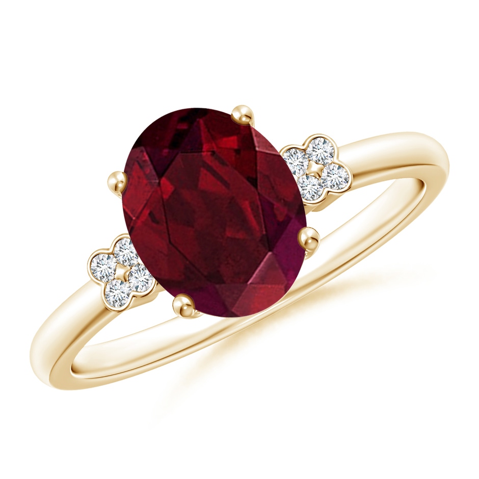 9x7mm AA Solitaire Oval Garnet Ring with Diamond Floral Accent in 10K Yellow Gold 