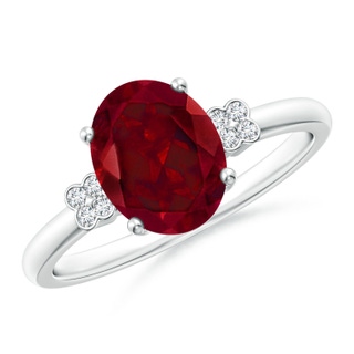 9x7mm AAA Solitaire Oval Garnet Ring with Diamond Floral Accent in White Gold