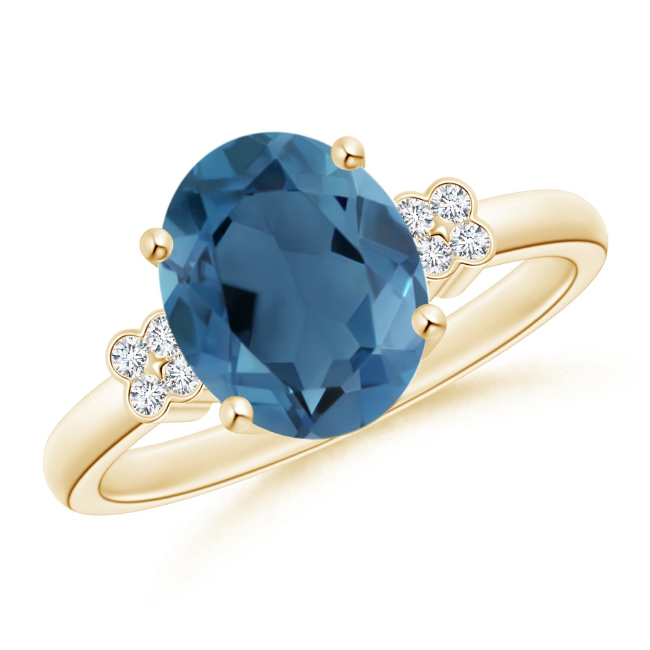 10x8mm A Oval London Blue Topaz Ring with Diamond Floral Accents in Yellow Gold 