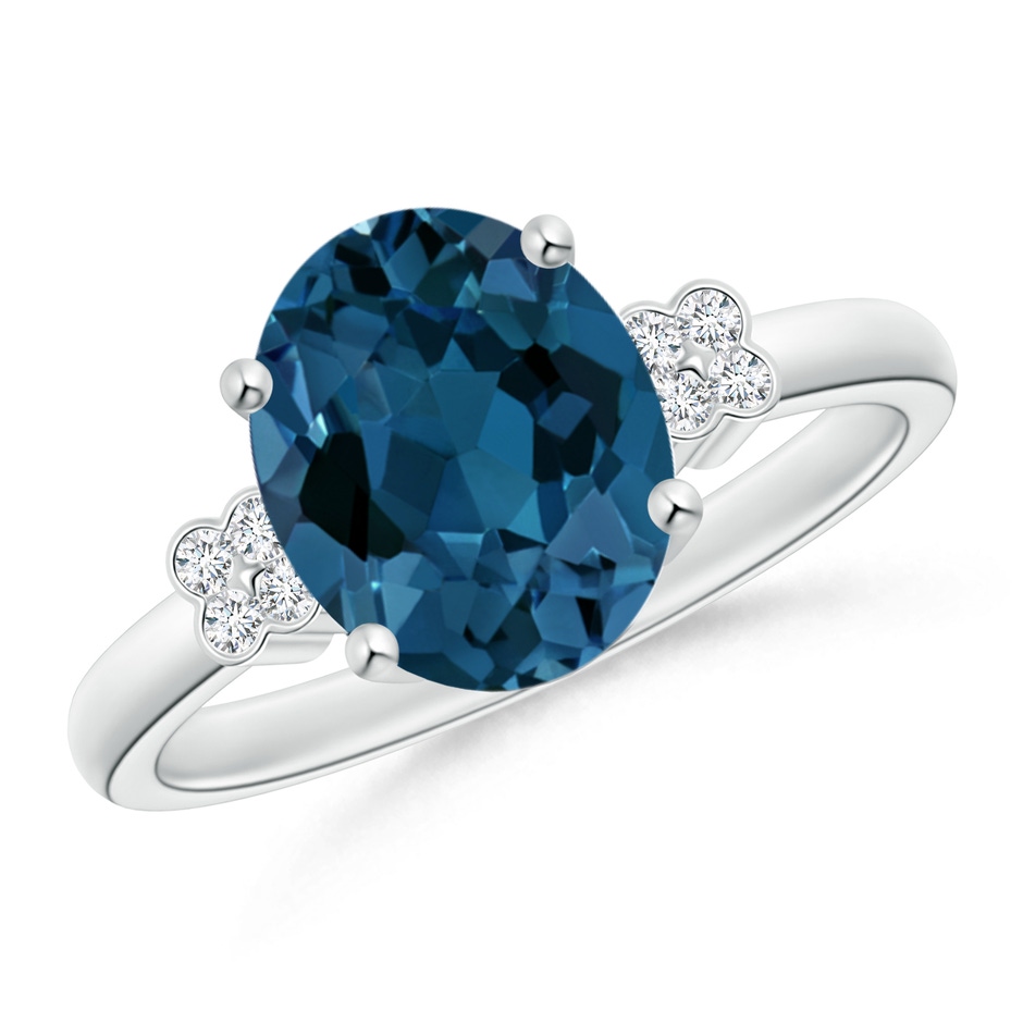 10x8mm AAA Oval London Blue Topaz Ring with Diamond Floral Accents in White Gold 