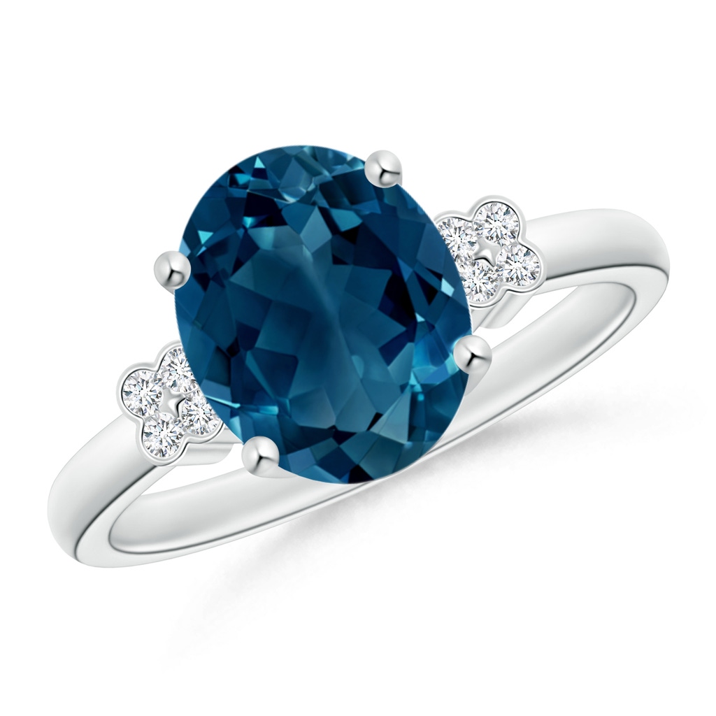 10x8mm AAAA Oval London Blue Topaz Ring with Diamond Floral Accents in White Gold