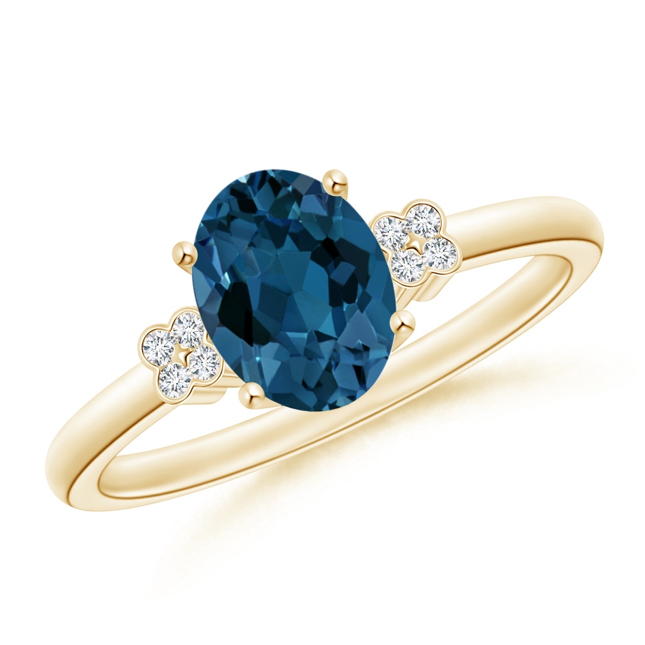 8x6mm AAA Oval London Blue Topaz Ring with Diamond Floral Accents in Yellow Gold 