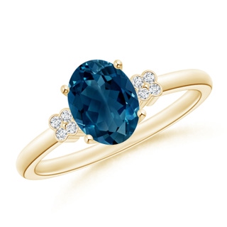 8x6mm AAAA Oval London Blue Topaz Ring with Diamond Floral Accents in Yellow Gold