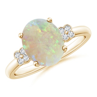 10x8mm AAA Solitaire Oval Opal Ring with Diamond Floral Accent in 9K Yellow Gold