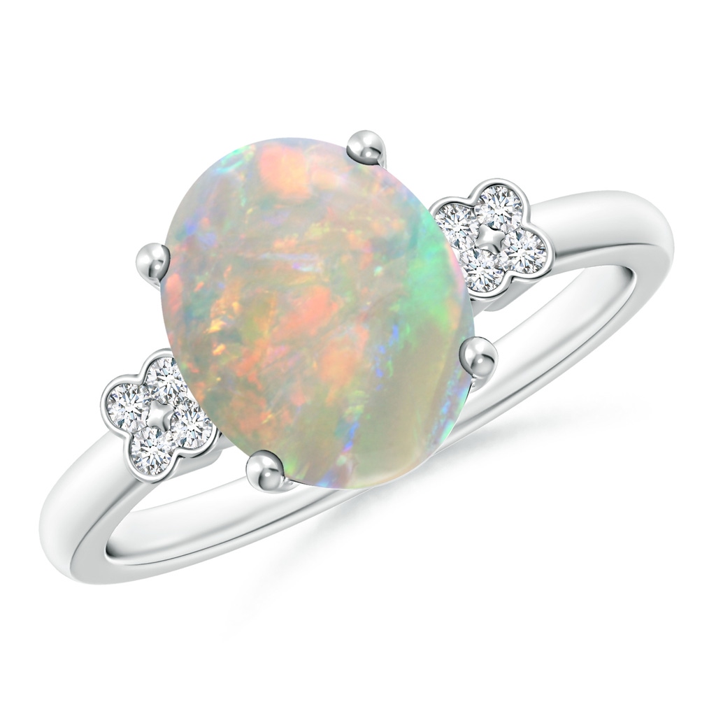 10x8mm AAAA Solitaire Oval Opal Ring with Diamond Floral Accent in White Gold