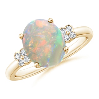 10x8mm AAAA Solitaire Oval Opal Ring with Diamond Floral Accent in Yellow Gold