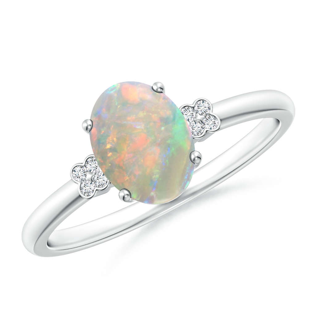 8x6mm AAAA Solitaire Oval Opal Ring with Diamond Floral Accent in 9K White Gold