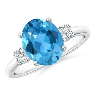 10x8mm AAA Solitaire Oval Swiss Blue Topaz Ring with Diamond Floral Accent in P950 Platinum