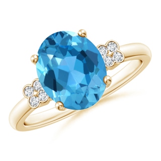 10x8mm AAA Solitaire Oval Swiss Blue Topaz Ring with Diamond Floral Accent in Yellow Gold