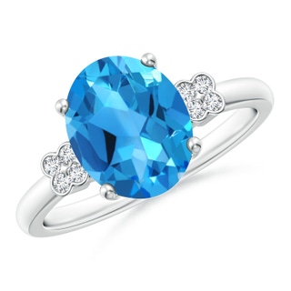 10x8mm AAAA Solitaire Oval Swiss Blue Topaz Ring with Diamond Floral Accent in White Gold