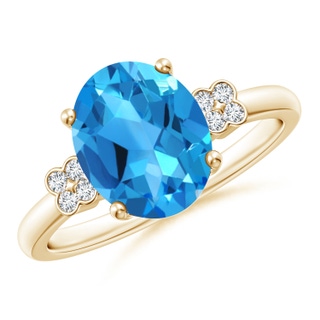 10x8mm AAAA Solitaire Oval Swiss Blue Topaz Ring with Diamond Floral Accent in Yellow Gold