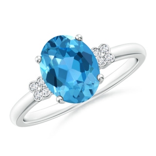 9x7mm AAA Solitaire Oval Swiss Blue Topaz Ring with Diamond Floral Accent in White Gold