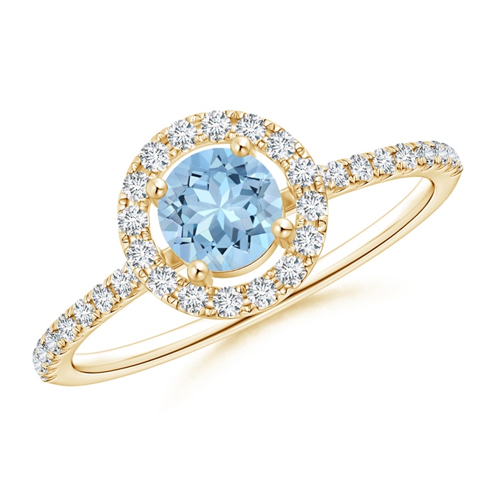 5mm AAA Floating Aquamarine Halo Ring with Diamond Accents in Yellow Gold 