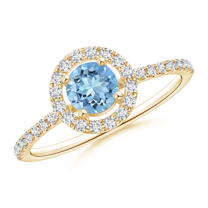 5mm AAAA Floating Aquamarine Halo Ring with Diamond Accents in Yellow Gold 