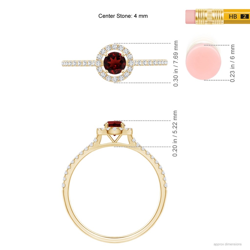 4mm AAA Floating Garnet Halo Ring with Diamond Accents in Yellow Gold Ruler