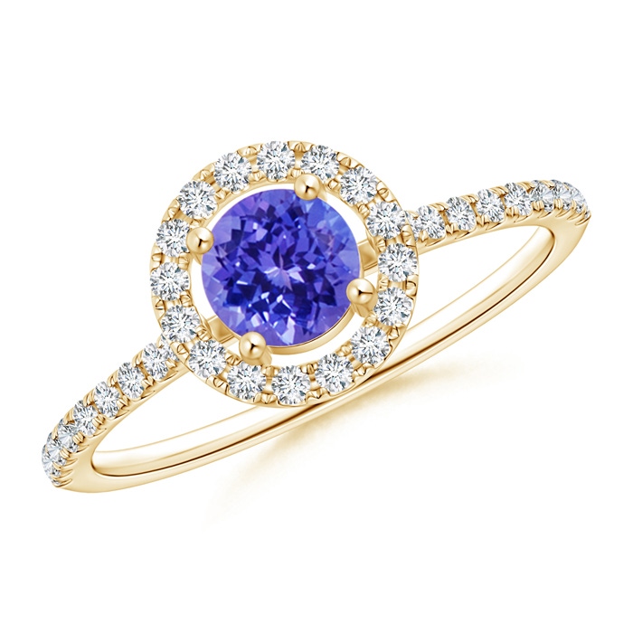5mm AAAA Floating Tanzanite Halo Ring with Diamond Accents in Yellow Gold 