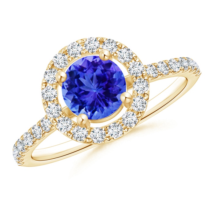 6mm AAA Floating Tanzanite Halo Ring with Diamond Accents in Yellow Gold 