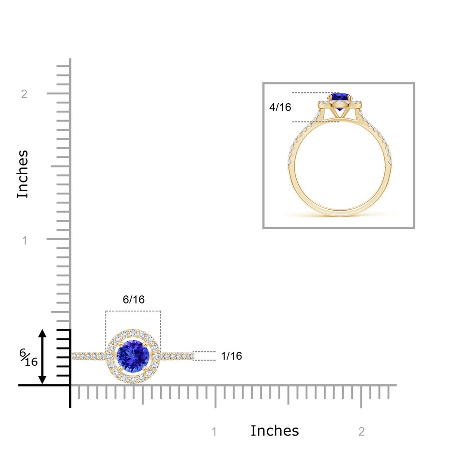 6mm AAA Floating Tanzanite Halo Ring with Diamond Accents in Yellow Gold ruler