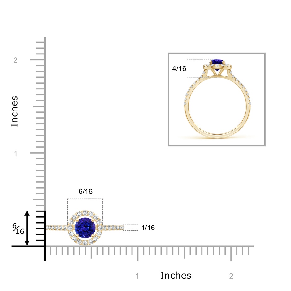 6mm AAAA Floating Tanzanite Halo Ring with Diamond Accents in Yellow Gold ruler