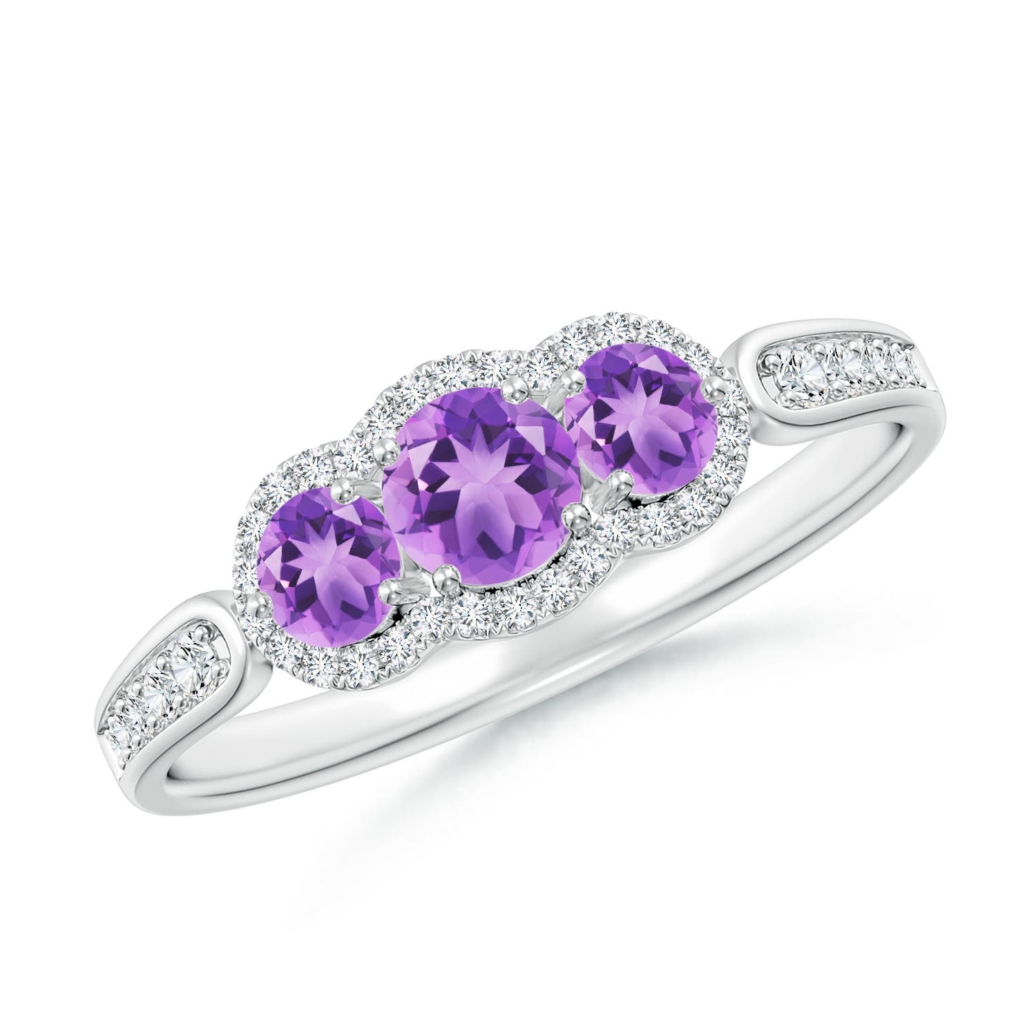 4mm A Floating Three Stone Amethyst Ring with Diamond Halo in P950 Platinum
