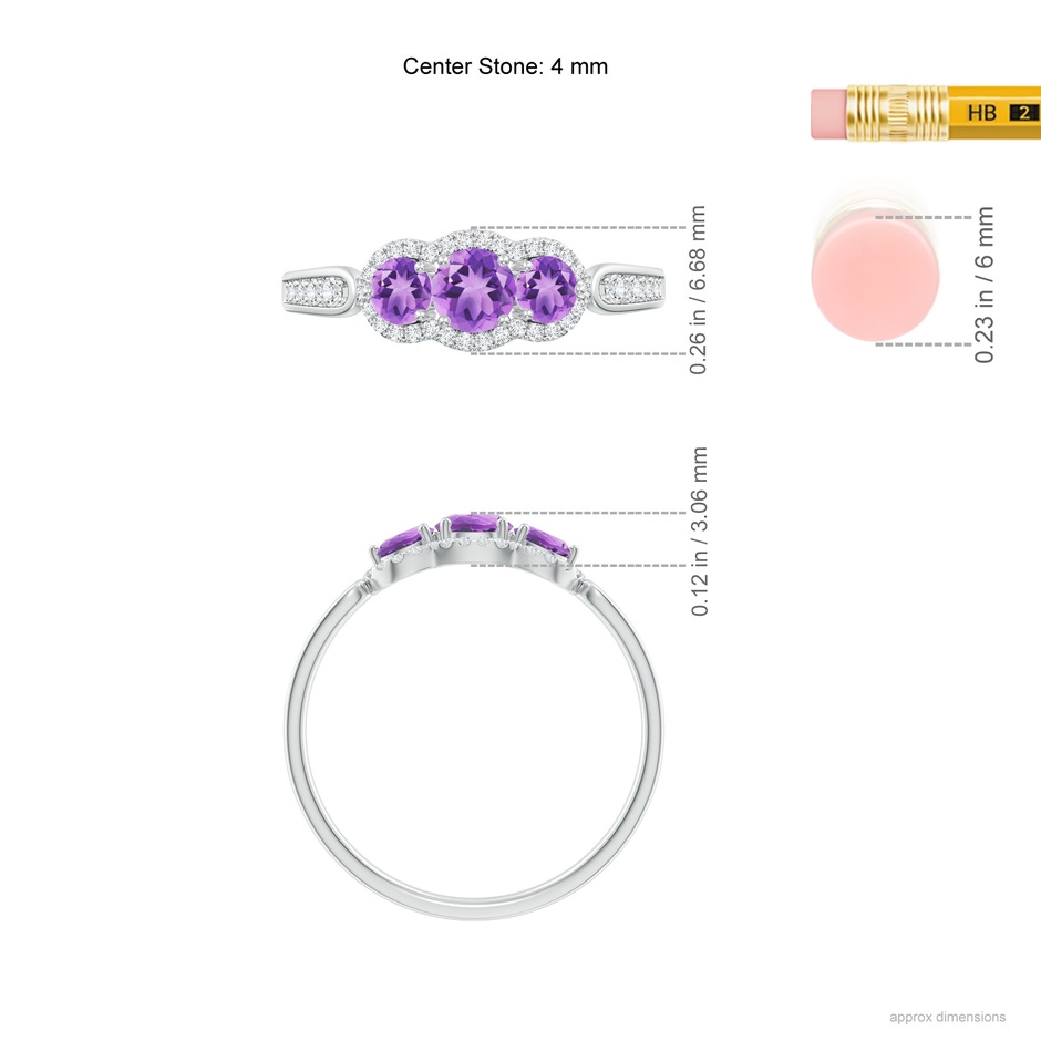4mm A Floating Three Stone Amethyst Ring with Diamond Halo in White Gold ruler
