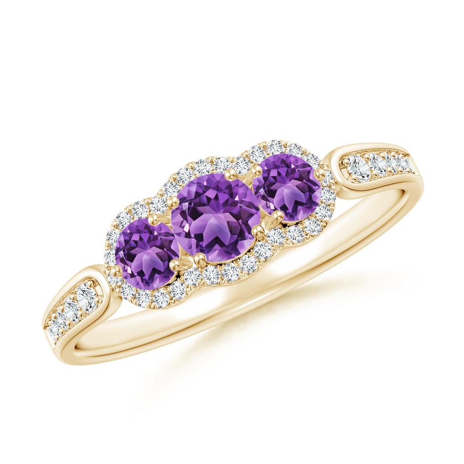 4mm AA Floating Three Stone Amethyst Ring with Diamond Halo in Yellow Gold 