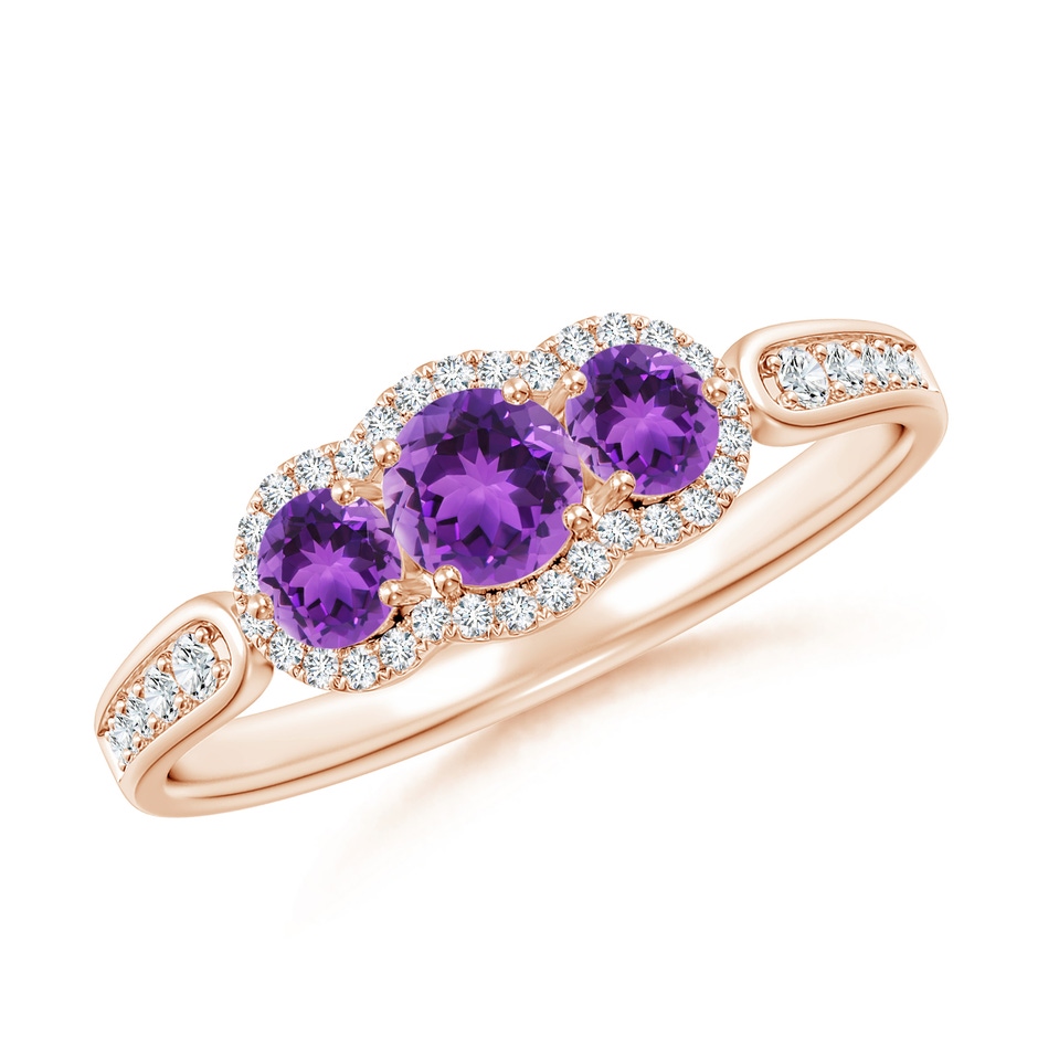 4mm AAA Floating Three Stone Amethyst Ring with Diamond Halo in Rose Gold 