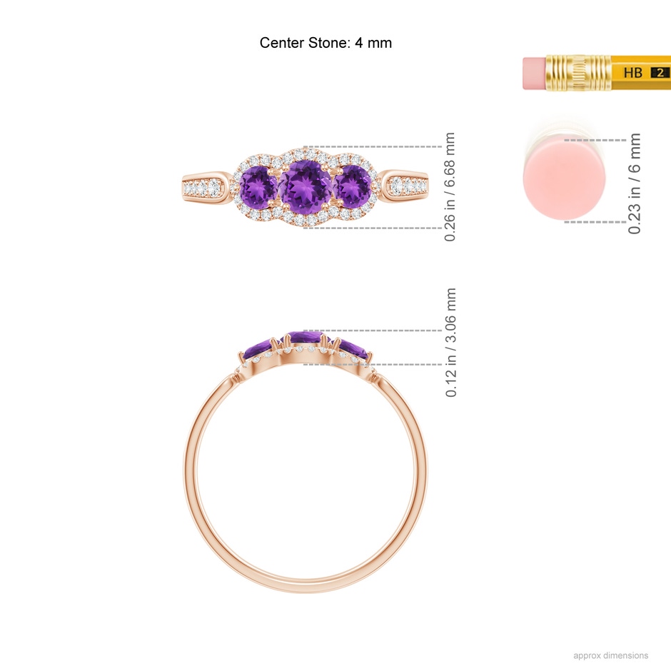 4mm AAA Floating Three Stone Amethyst Ring with Diamond Halo in Rose Gold ruler