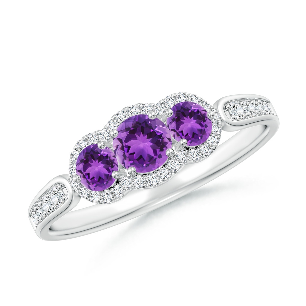 4mm AAA Floating Three Stone Amethyst Ring with Diamond Halo in White Gold