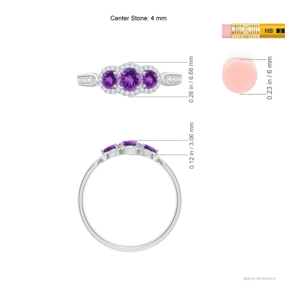 4mm AAA Floating Three Stone Amethyst Ring with Diamond Halo in White Gold Ruler