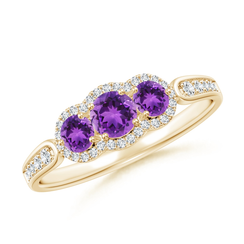 4mm AAA Floating Three Stone Amethyst Ring with Diamond Halo in Yellow Gold 