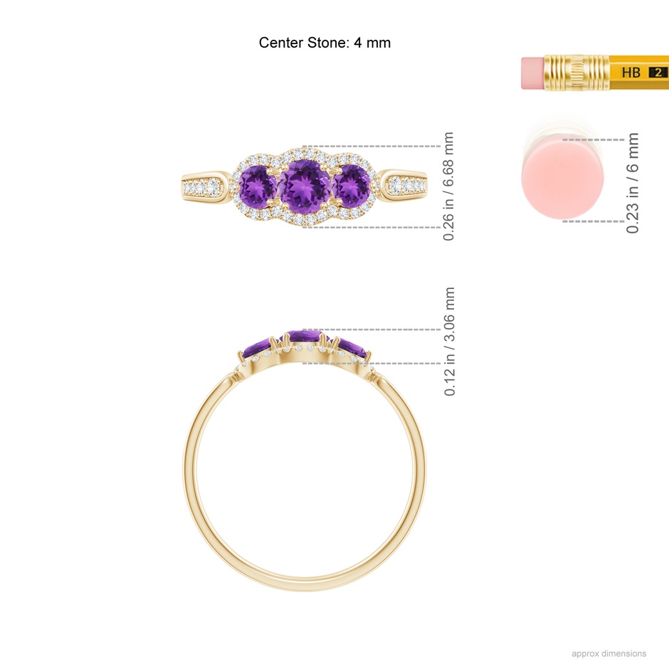 4mm AAA Floating Three Stone Amethyst Ring with Diamond Halo in Yellow Gold ruler