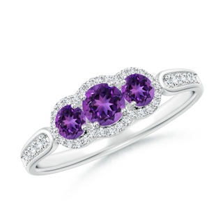 4mm AAAA Floating Three Stone Amethyst Ring with Diamond Halo in White Gold