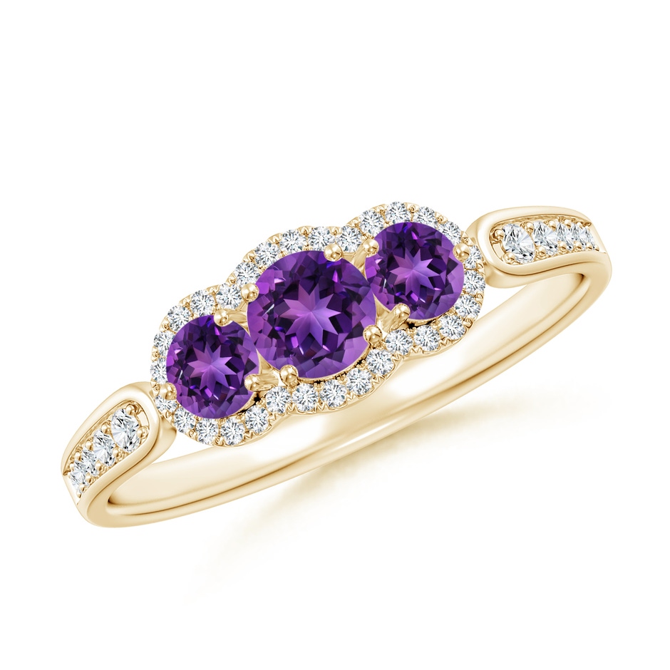 4mm AAAA Floating Three Stone Amethyst Ring with Diamond Halo in Yellow Gold 