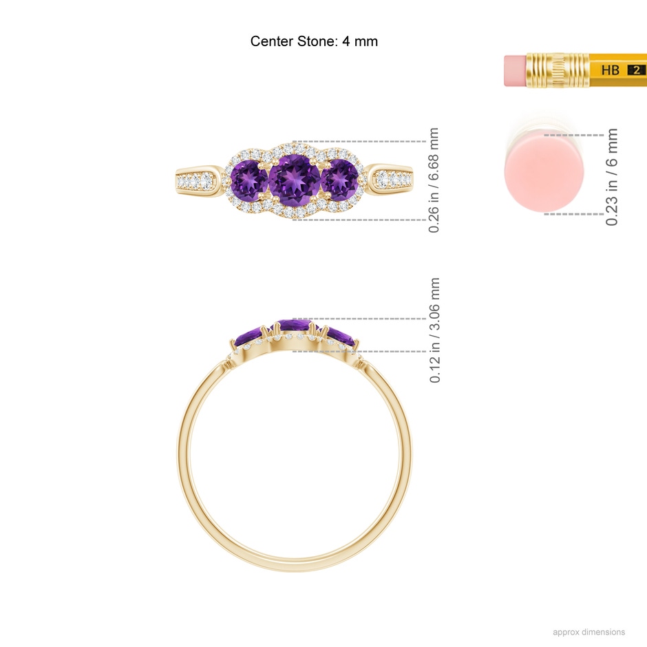 4mm AAAA Floating Three Stone Amethyst Ring with Diamond Halo in Yellow Gold ruler