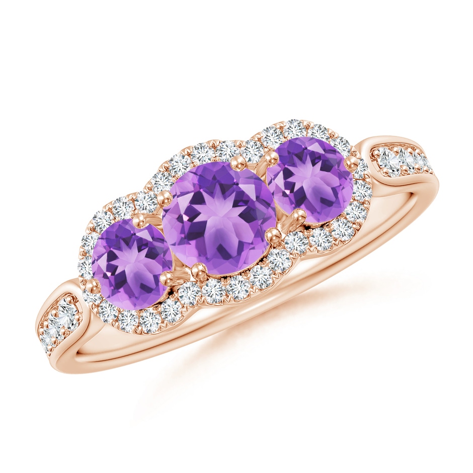 5mm A Floating Three Stone Amethyst Ring with Diamond Halo in Rose Gold 