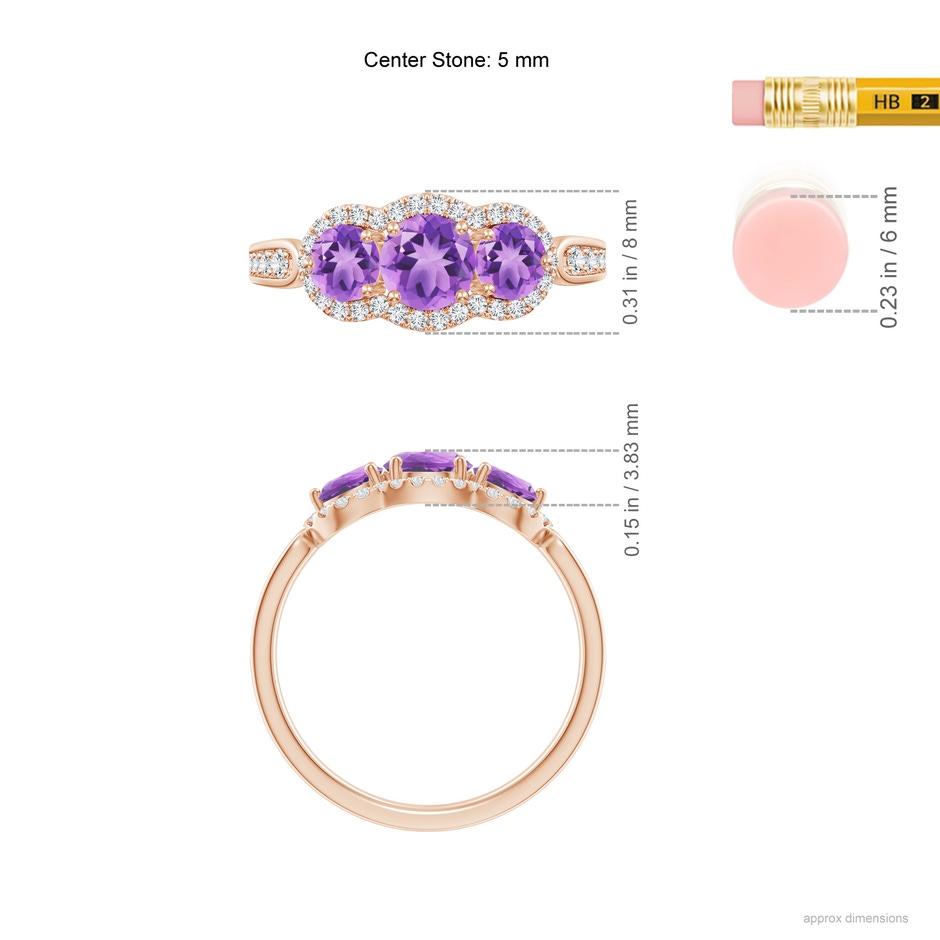 5mm A Floating Three Stone Amethyst Ring with Diamond Halo in Rose Gold ruler