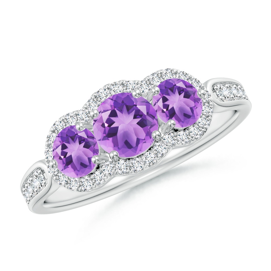 5mm A Floating Three Stone Amethyst Ring with Diamond Halo in White Gold 