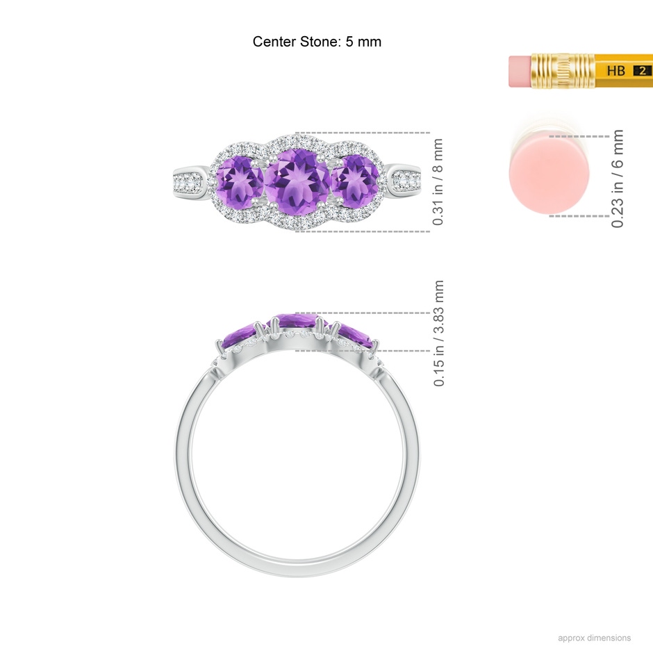 5mm A Floating Three Stone Amethyst Ring with Diamond Halo in White Gold ruler
