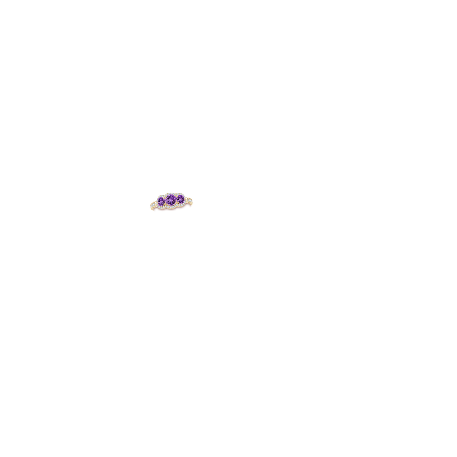 5mm AA Floating Three Stone Amethyst Ring with Diamond Halo in Yellow Gold body-hand