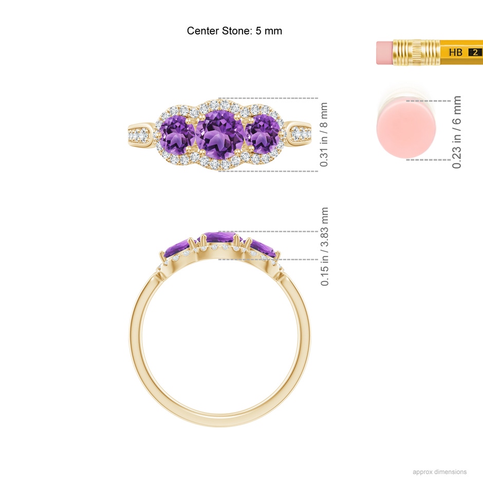 5mm AA Floating Three Stone Amethyst Ring with Diamond Halo in Yellow Gold ruler
