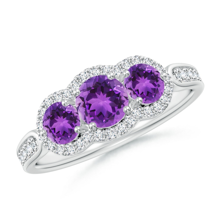 5mm AAA Floating Three Stone Amethyst Ring with Diamond Halo in White Gold 
