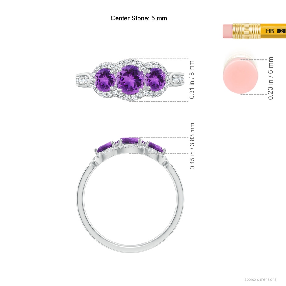 5mm AAA Floating Three Stone Amethyst Ring with Diamond Halo in White Gold ruler